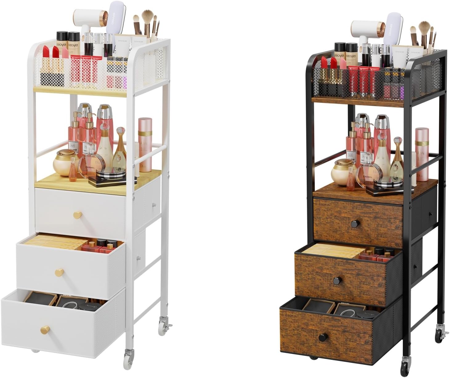 HapiRm Rolling Makeup Cart Organizer - Floor Skincare Make Up Storage with 3 Drawers, Vanity Organizer Cosmetic Display Cases Holder for Skin Care Perfume Nail Polish Brush Hair Tool