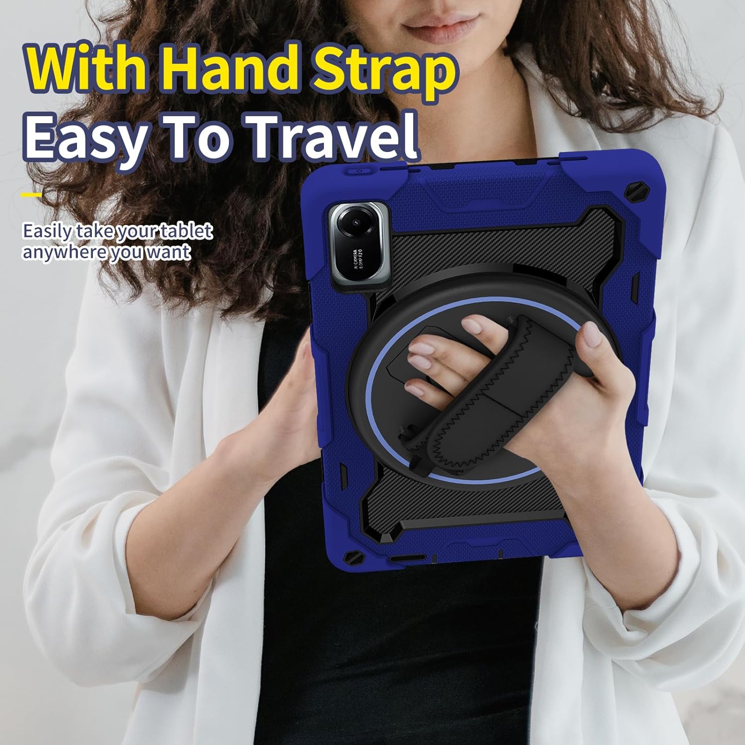 Case Tablet Compatible with Xiaomi Redmi Pad 2 11 inch (2025),Multi-Angle Elastic Bracket+360° Adjustable Swivel Hand Strap Three-in-one Shatter-Resistant Shell W/Shoulder Strap (Blue)