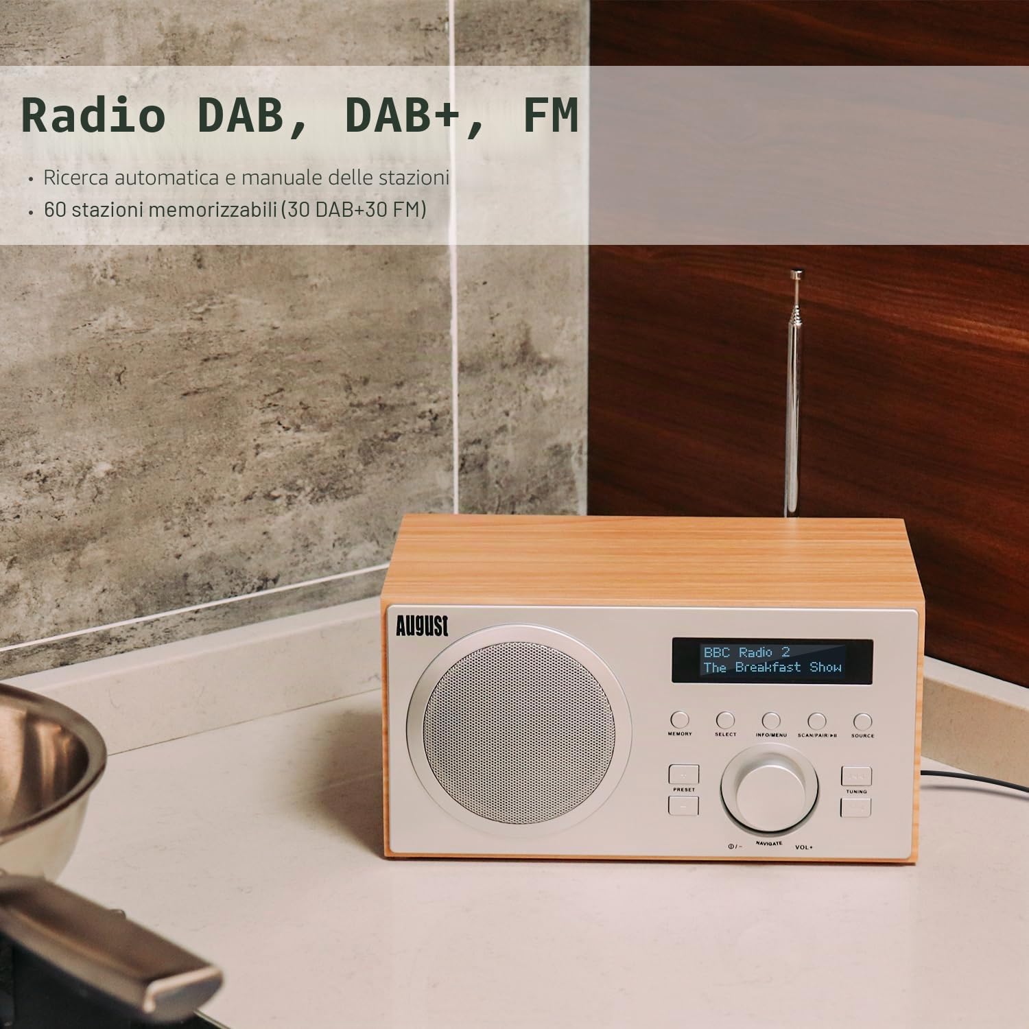 August MB420 Radio DAB/DAB+/FM, Radiosveglia Bluetooth, Subwoofer 5W, USB/Aux - Quercia