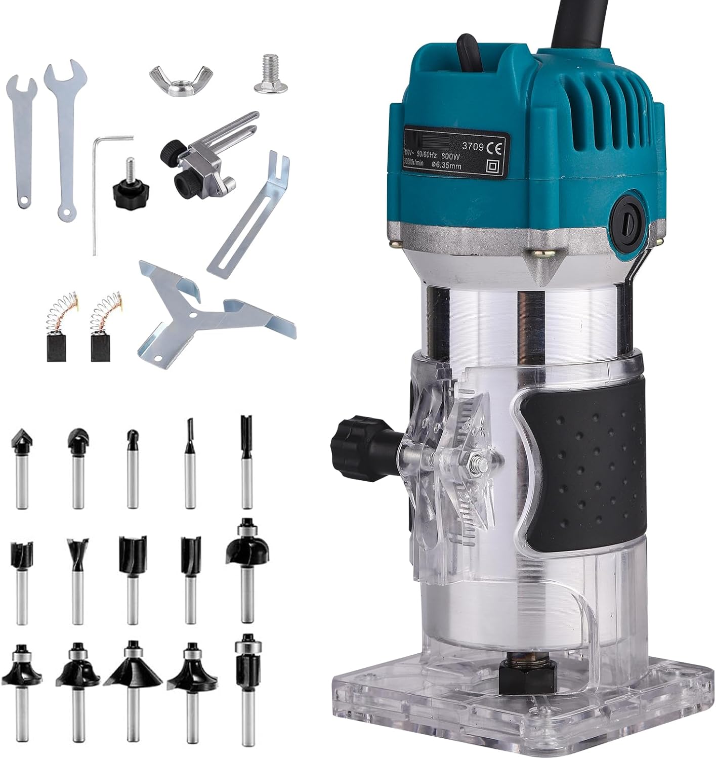 Wood Router Woodworking, Electric Hand Wood Router Tool, Compact Edge Trimmer with 15PCS 1/4" Router Bit Set Laminate Milling Engraving Machine Joiner Tool 110V 800W 30000R/MIN