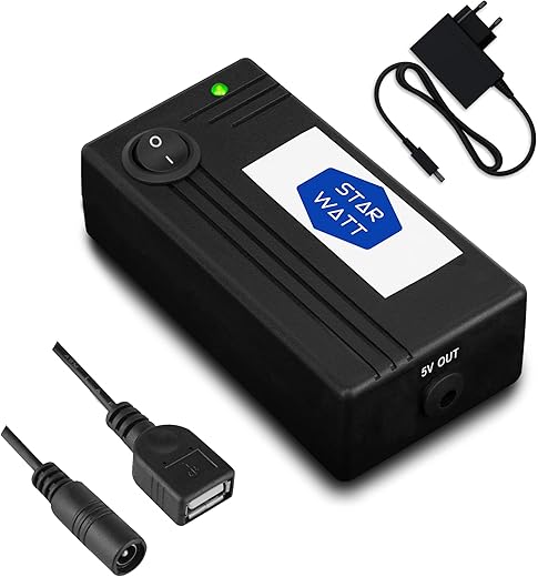 Starwatt 5V Mini UPS with Power Adaptor for 5V WiFi Routers, WiFi Cameras, Biometric & USB Powered Devices| Uninterrupted Power Backup for 3-10 Hours | Supports All 5V Upto 2A | Replaceable Battery