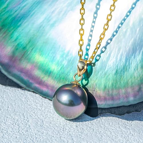 Miniatura 3 de 9-12MM Genuine Tahitian Black Pearl Necklace, AAA Quality Handpicked Nature Tahitian Black Pearls, 18K Solid White GoldYellow Gold Pendant, 40+2+3mm