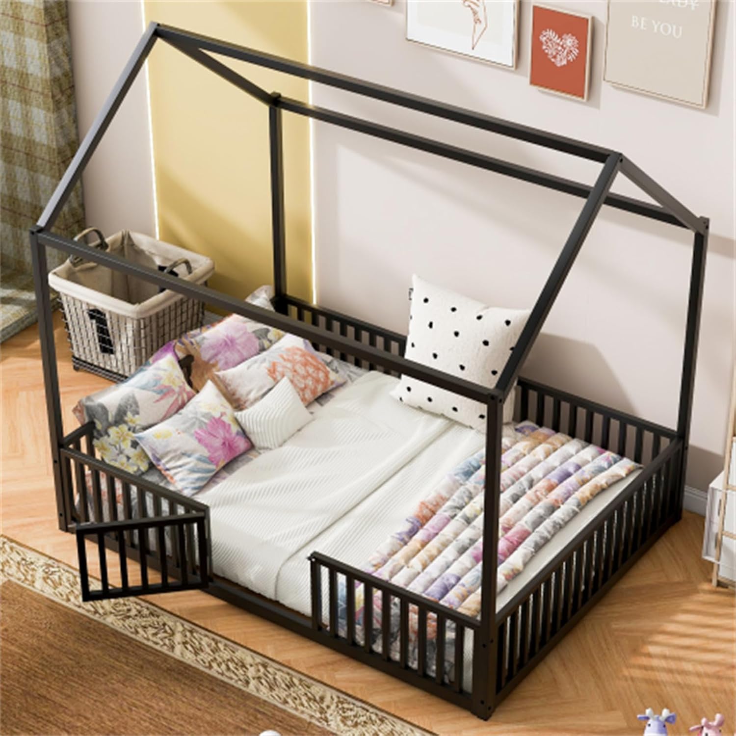 Minimalist Full Size Metal House Style Canopy Bed with guardrails and Door, Black