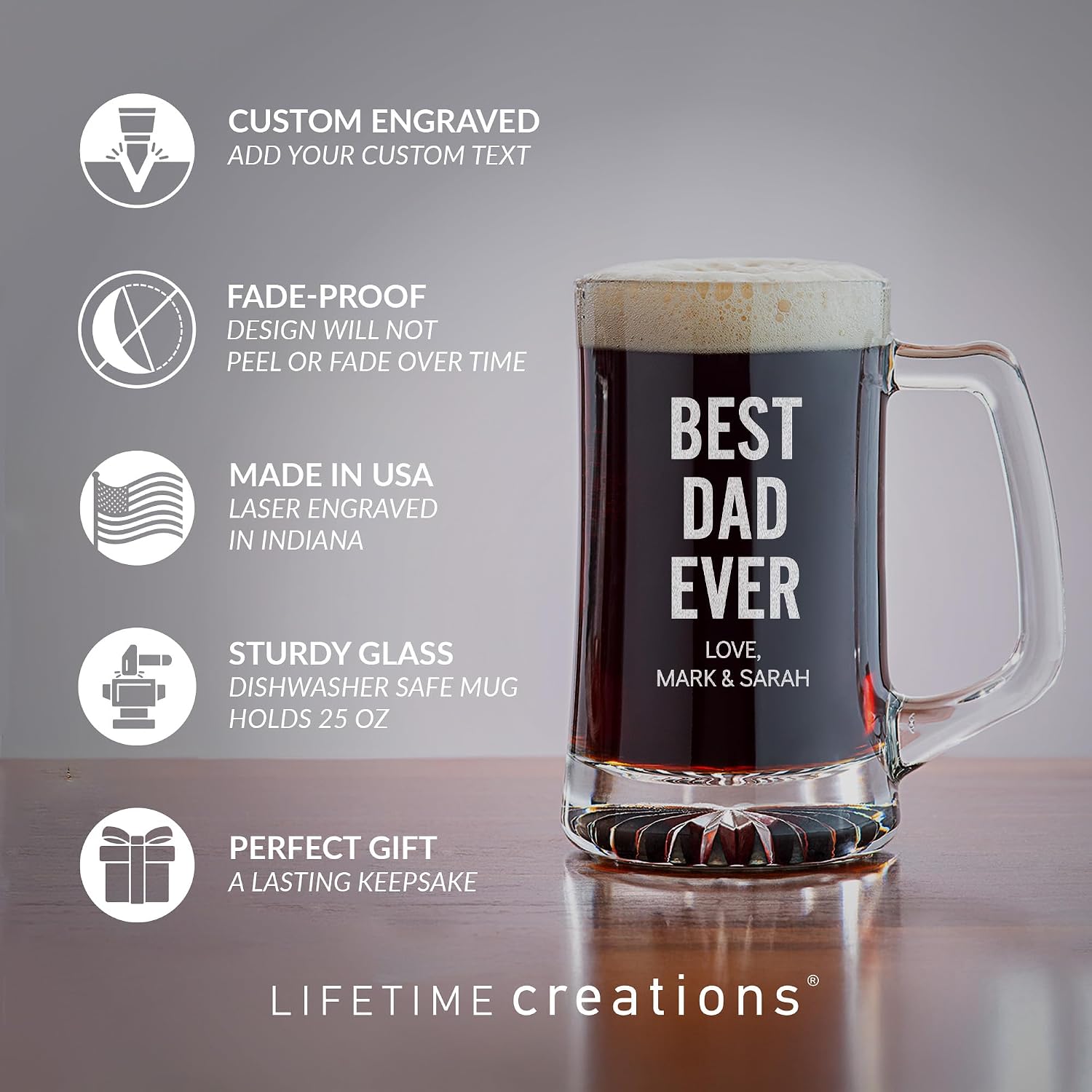 Lifetime Creations Engraved Personalized Best Dad Ever Beer Mug: Large 25 oz Stein, Dishwasher Safe, Father's Day Gift, Gift for Dad, Made in USA
