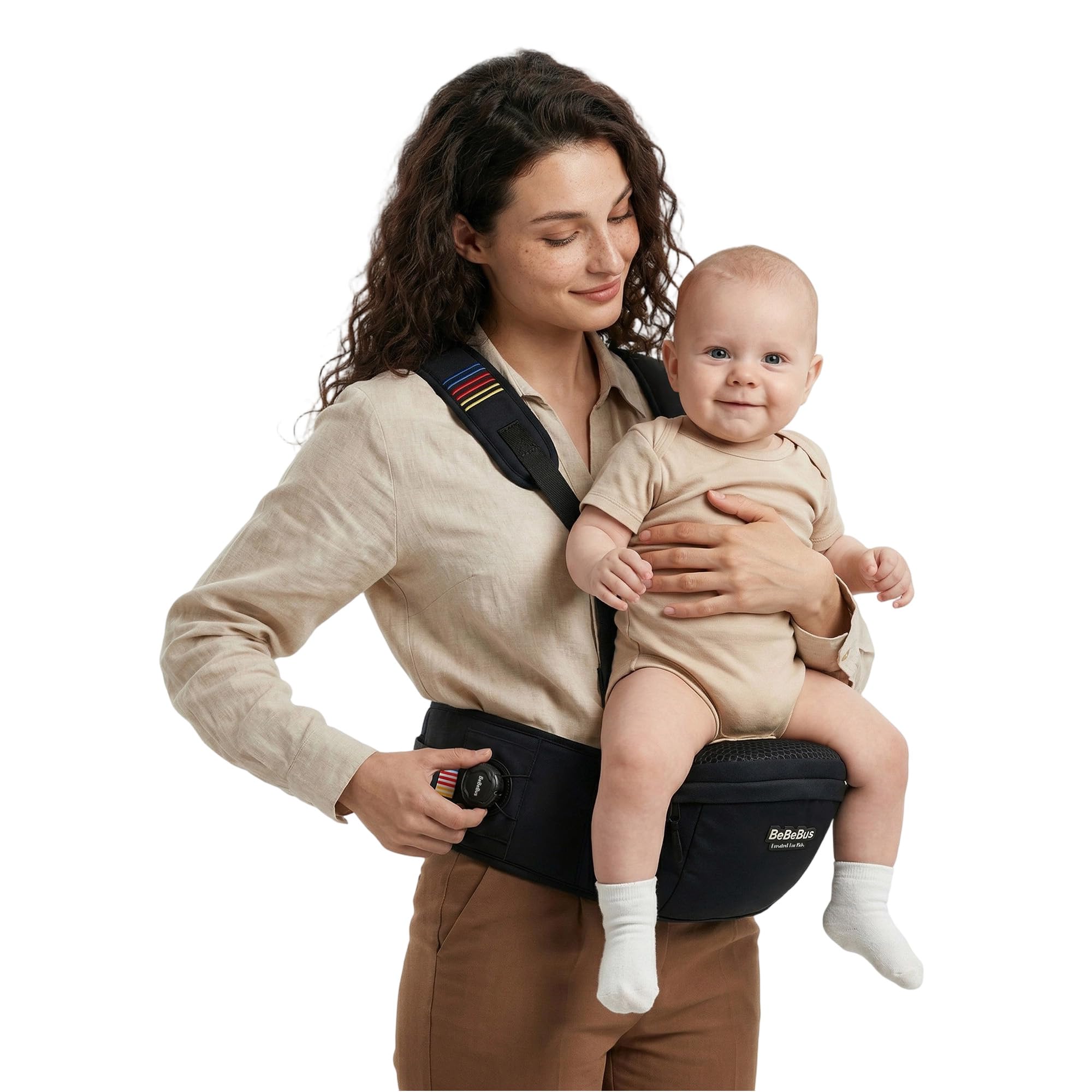 Bebebus Babytrage mit Hüftsitz und Hüfttrage Baby – Stufenloser Hüftgurt Drehmechanismus für festen Halt, verbessertes Y-Design & praktische Taschen Für Neugeborene und Kleinkinder bis 20 kg