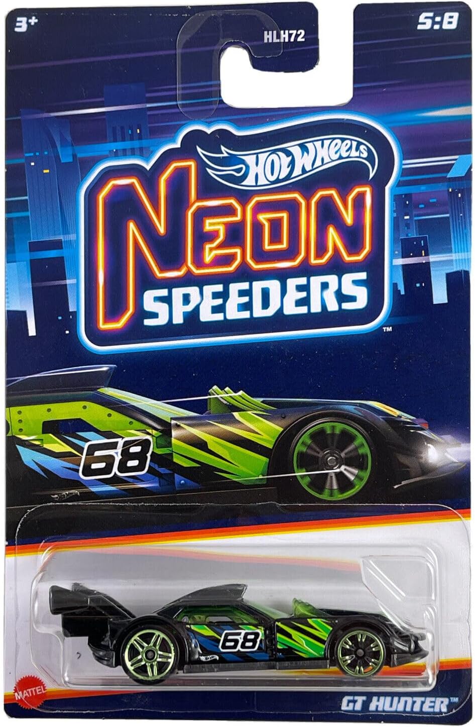 Front packaging of Hot Wheels Neon Speeders GT Hunter diecast car