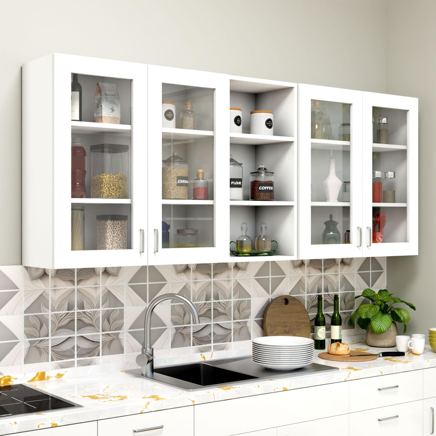 VIKI Furniture | Overhead Modular Kitchen Wall Cabinet – 4 Glass Door Cabinet | Space Saving Rack for Spices | DIY Home Storage Cupboard (Frosty White – 30D x 200W x 80H cm) | 1 Year Warranty-image-21