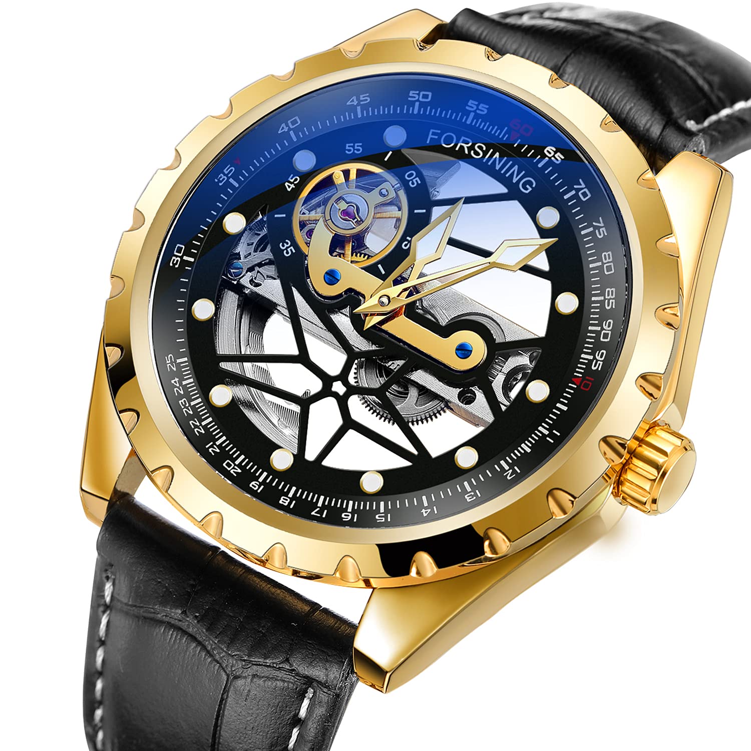 FORSINING Reloj mecánico de lujo para hombre, esfera grande, 48 mm, esqueleto transparente, impermeable, analógico
