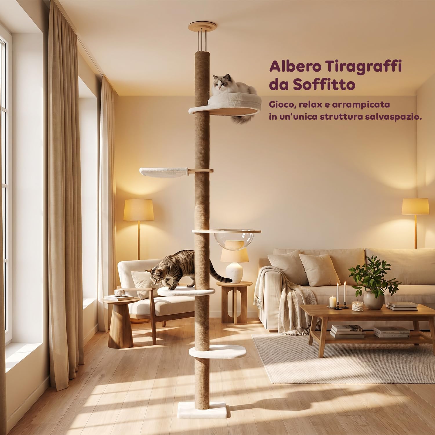 Avilia - Arbre à chat au plafond réglable 260-300 cm – Tour verticale gain de place pour chats avec hamac en dôme et niche – Arbre à chat en bois et jute naturelle – Design colonne