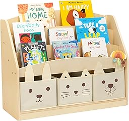 OOOK 3-Tier Kids Bookshelf with 3 Removable Fabric Storage Bins, Front Facing Toddler Montessori Bookshelf, Wooden Bookcase for Kidsroom, Classroom, Playroom, Nursery