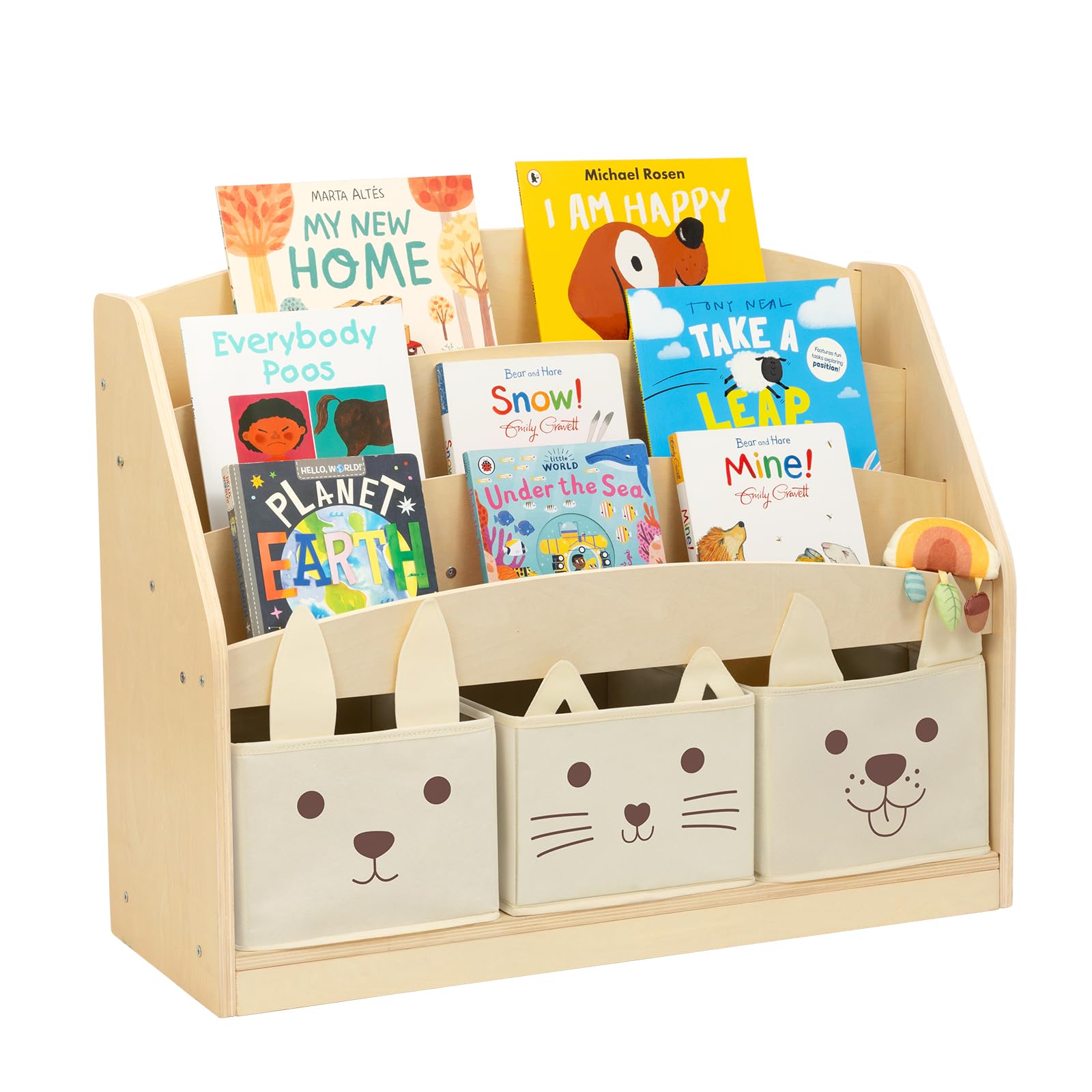 OOOK 3-Tier Kids Bookshelf with 3 Removable Fabric Storage Bins, Front Facing Toddler Montessori Bookshelf, Wooden Bookcase for Kidsroom, Classroom, Playroom, Nursery