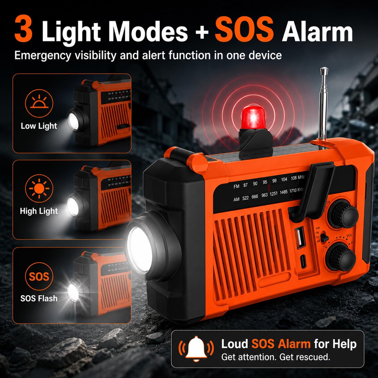 Radio d'urgence solaire à manivelle 2000 mAh AM/FM SOS Lampe LED Charge USB Camping