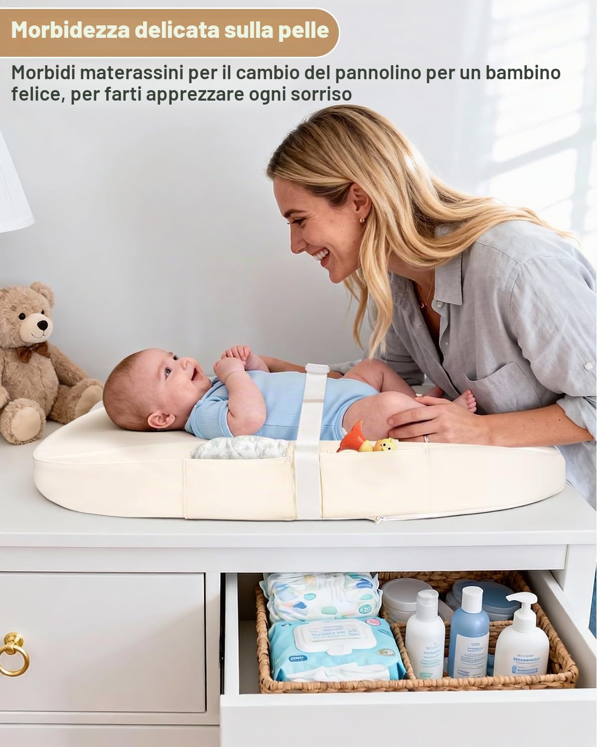 Materassino fasciatoio in pelle vegana, 80 x 40 cm, impermeabile, con cintura di sicurezza e base antiscivolo, portatile, leggero e facile da pulire, beige