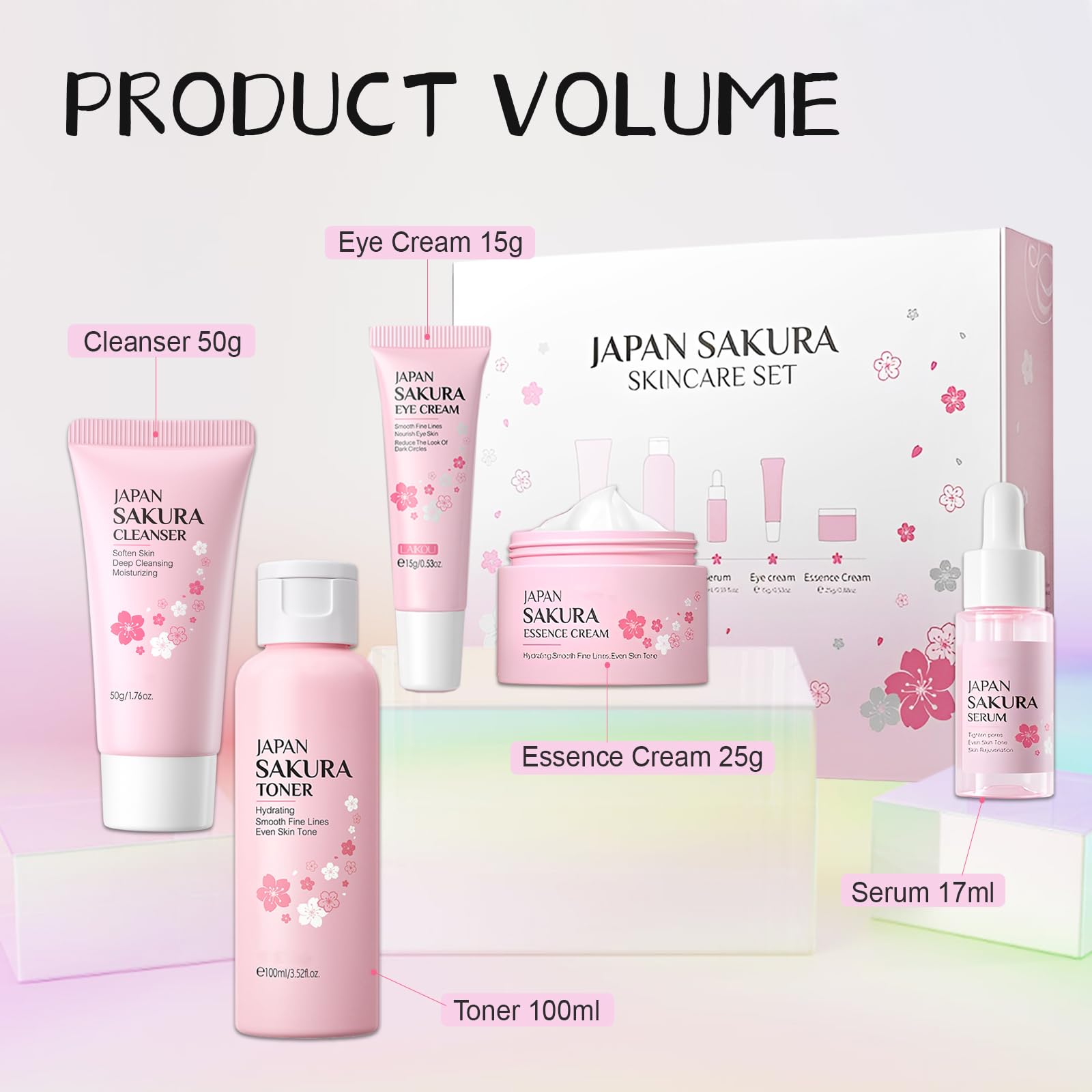 Sakura Ensemble de Soins du Visage 5 Pièces, Sakura Skin Care Set avec Nettoyant, Toner, Contour Yeux, Sérum, Crème