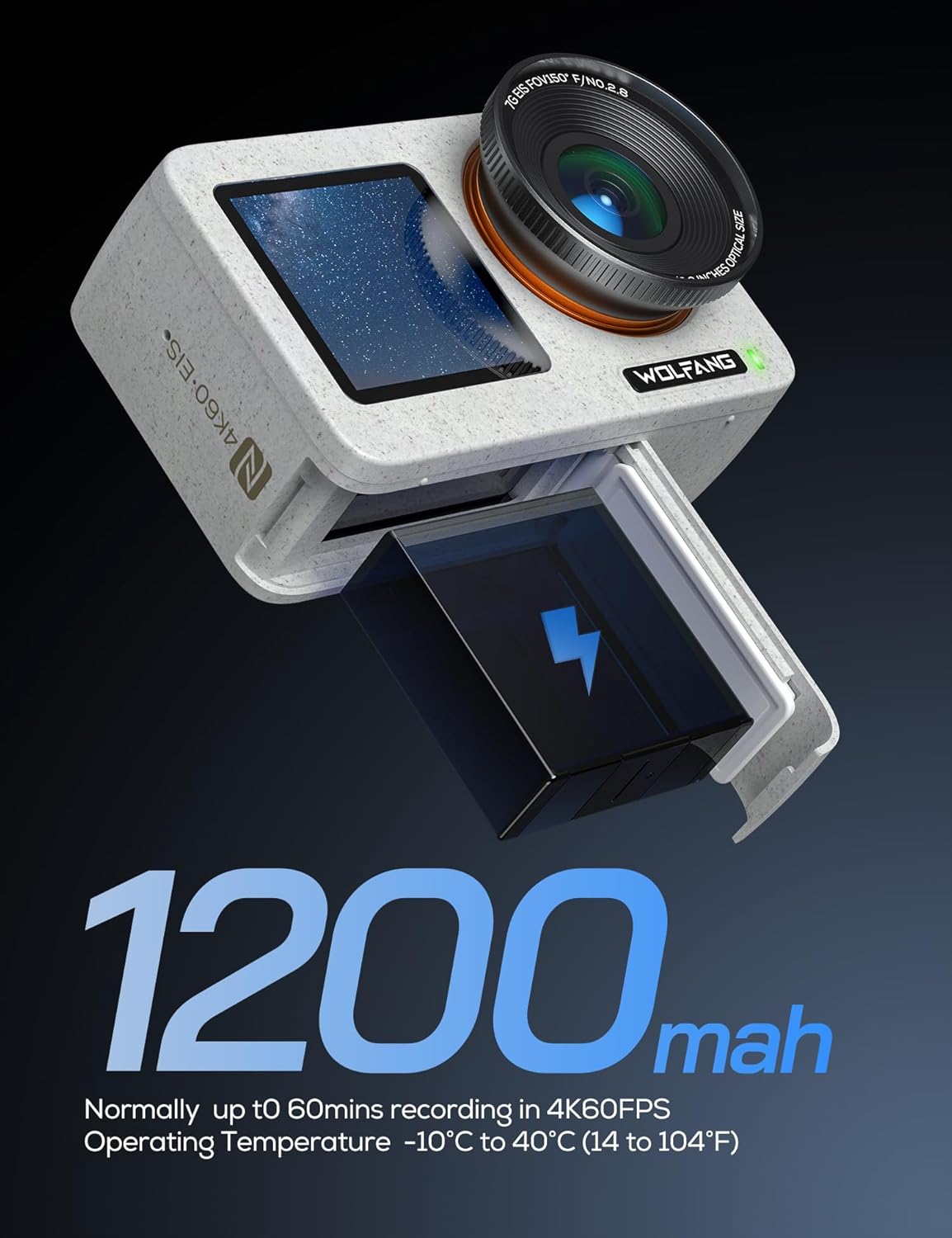 WOLFANG Seeker One Action Camera with its 1200mAh battery being inserted