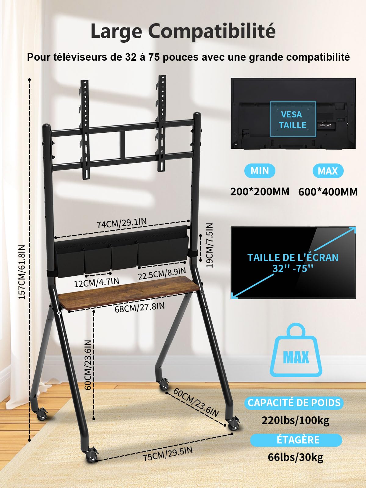 Support mural roulant pour TV avec sacs de rangement, design anti-collision esthétique, chariot TV mobile pour écrans LCD/LED/OLED plats/courbés de 32 à 75 pouces, supporte jusqu'à 45 kg, hauteur