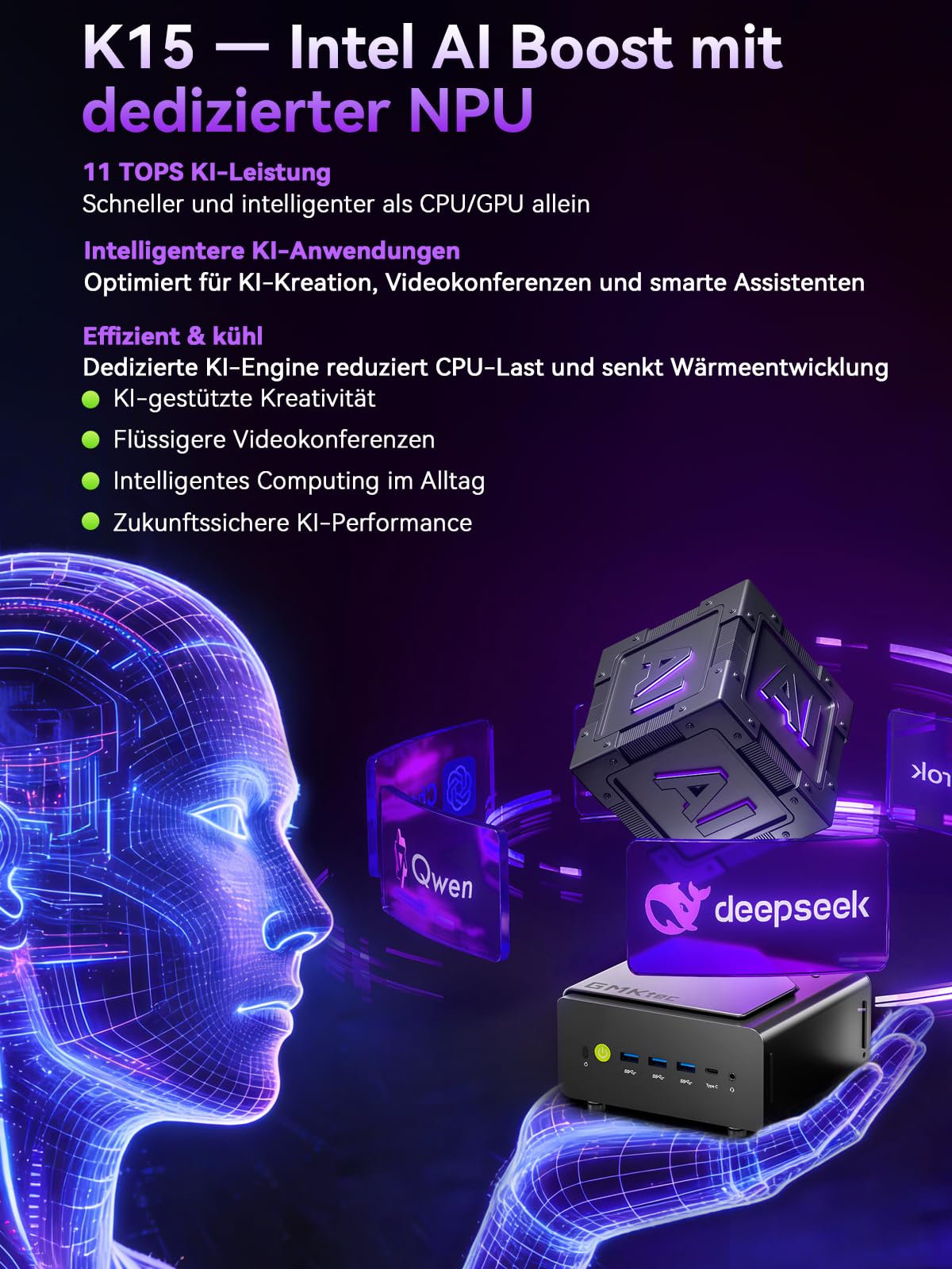GMKtec K15 AI Oculink Mini PC mit Intel Core Ultra 5 125U Prozessor, Barebones ohne RAM/SSD/OS, Desktop-PC AI Boost, 3X M.2 2280 Speichererweiterung, Dual NIC 2.5GbE, HDMI 2.1, USB4