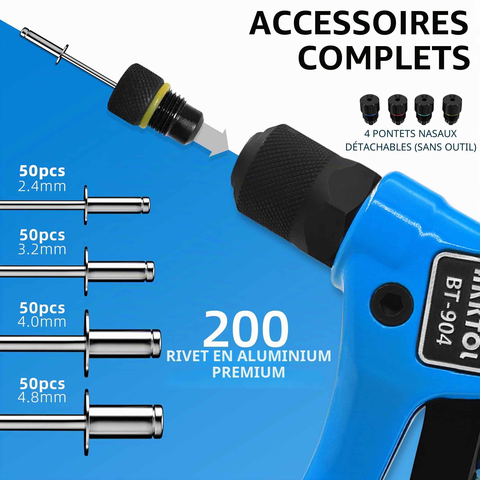 AKKTOL Pince a Rivet, Riveteuse Professionnelle, Pince a Rivet Pop avec 200 Rivets pour 4 Types 4,8mm 4,0mm 3,2mm 2,4mm, Pince à riveter Manuelle pour Automobile, Chemin de Fer, Meubles, Jardinage etc