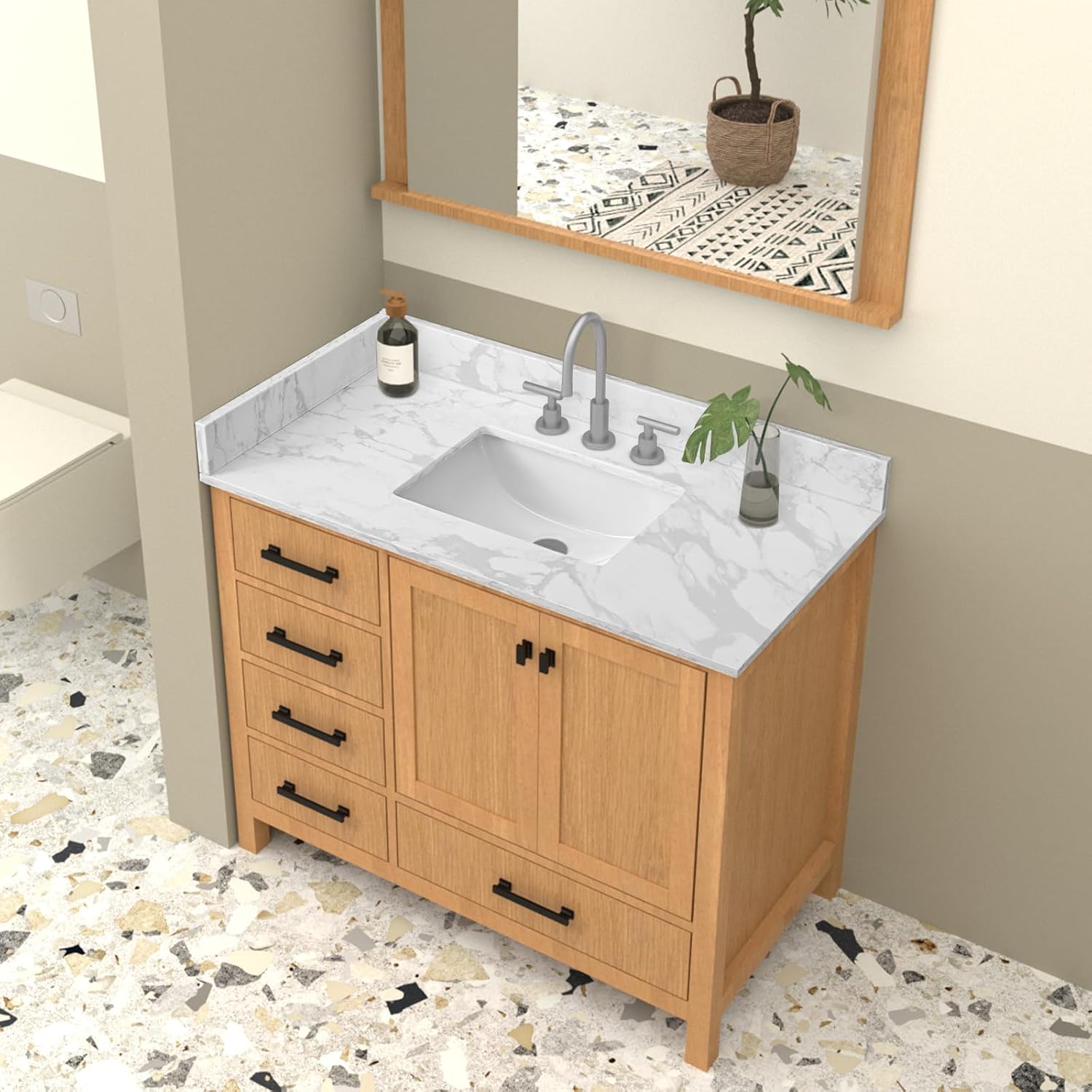 42 Inch Vanity Top with Sink, Bathroom Quartz Vanity Top with Rectangular Undermount Middle Ceramic Sink with Single Faucet Hole, Spread with One 4" Backsplash & One Sidesplas in Vena Calacatta