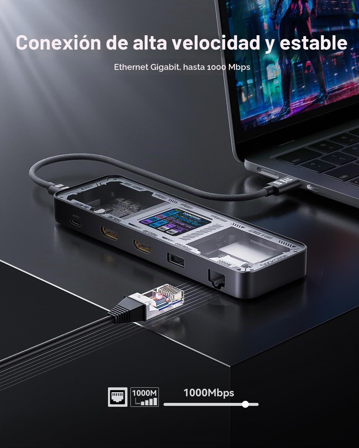 DOCKCASE Smart USB C Hub Dual HDMI 10-in-1 Dockingstation, Dual Monitor 4K HDMI Adapter für 2 Monitore, 100W PD, 10Gbps USB-A/C, Gigabit Ethernet, SD/TF Kartenleser für MacBook, Windows Laptop