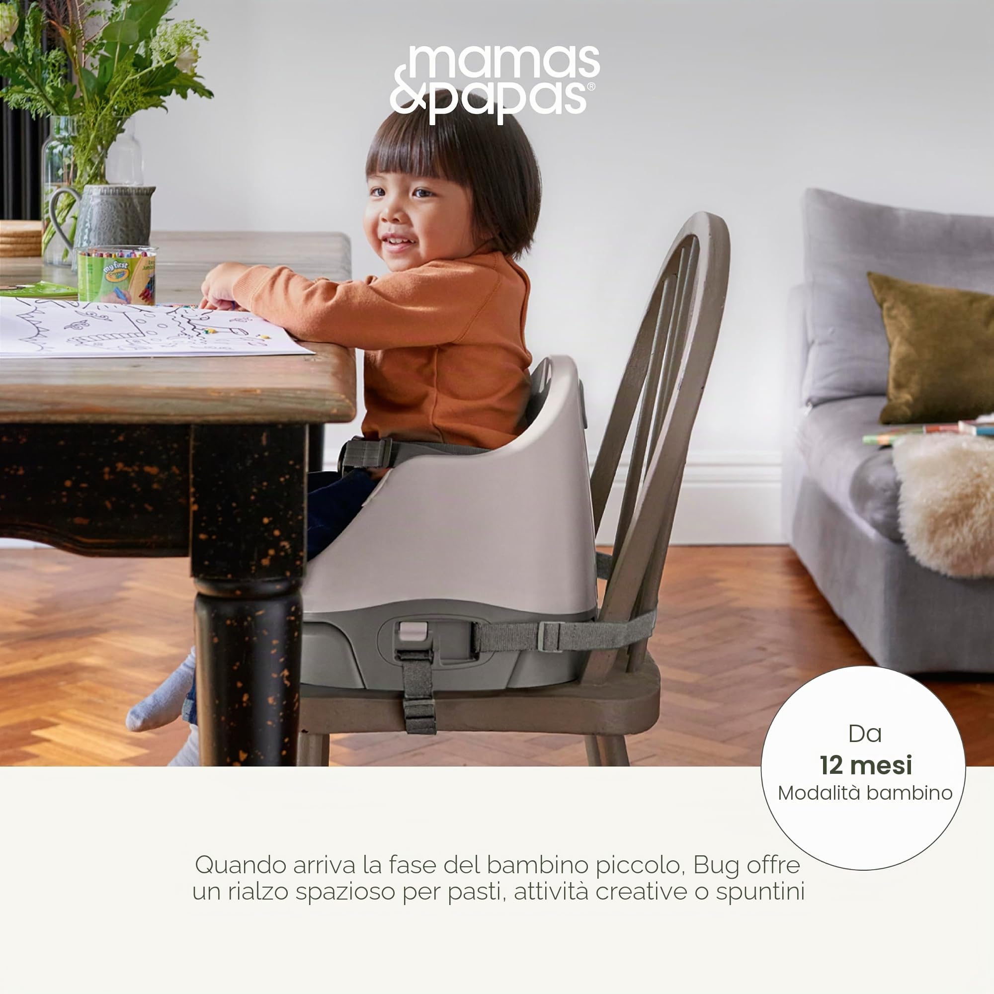 Mamas & Papas Baby Bug seggiolino pappa, vassoio staccabile, imbracatura, seduta regolabile e piedini antiscivolo, Pebble Grey