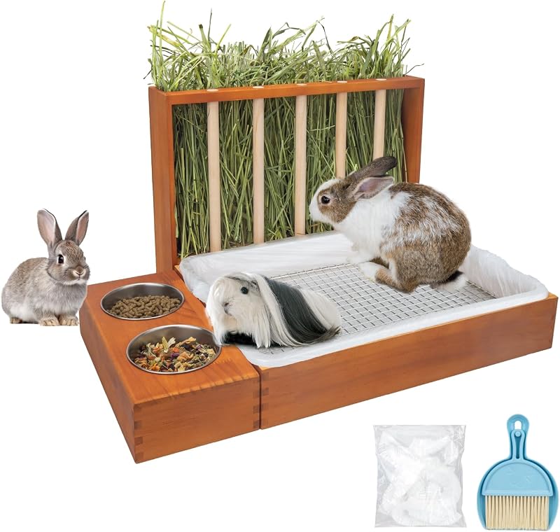 Comedouro para Feno 3 em 1 BESNEW com Caixa Higiênica, 2 Tigelas e Grade de Aço Inoxidável para Pequenos Animais