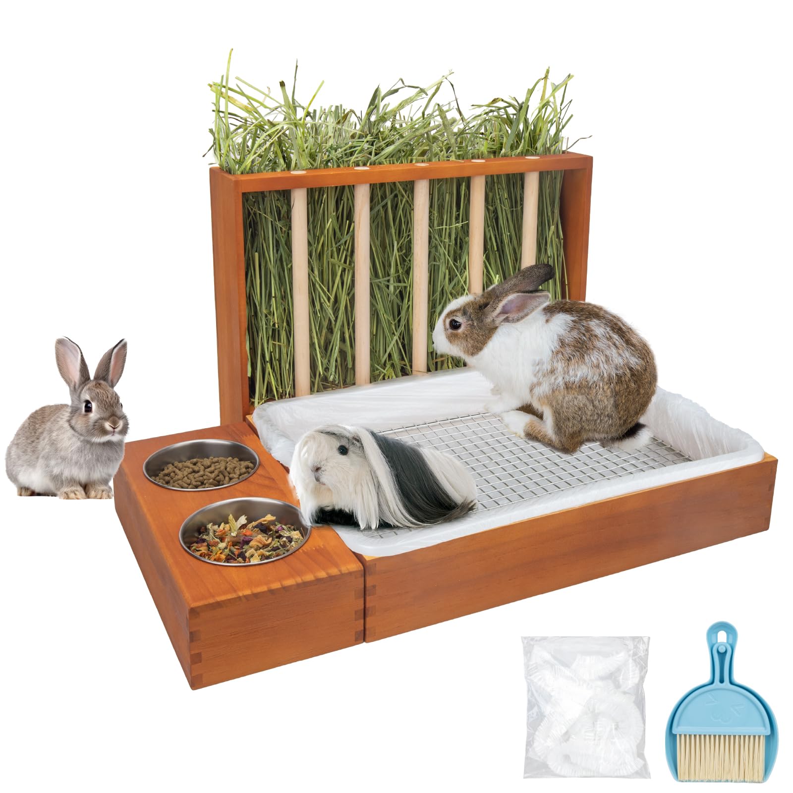 BESNEW 3-in-1 Rabbit Hay Feeder with Litter Box,Upgraded Rot Resistant Rreatment Wooden Hay Feeder with 2 Bowls &amp; Stainless Steel Mesh for Guinea Pigs,Chinchillas,Rabbits &amp; Other Small Animals