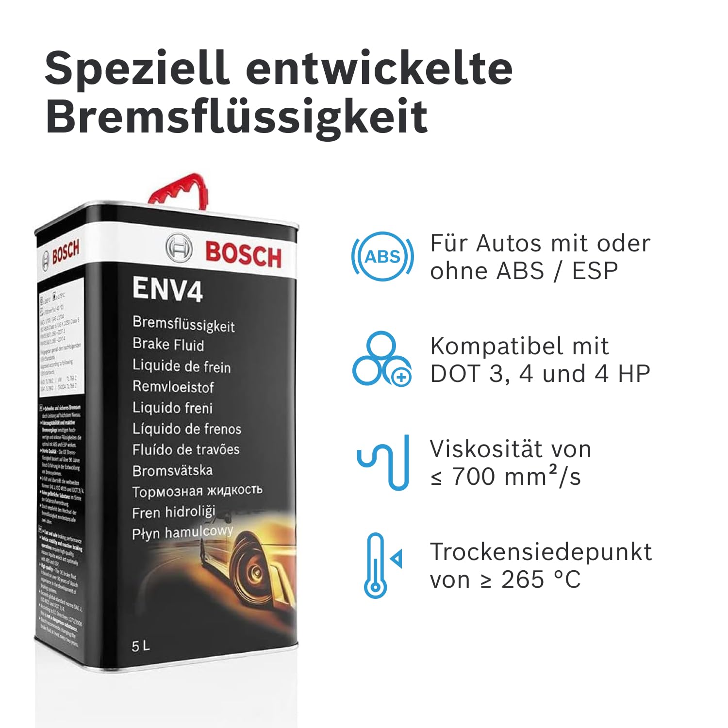 Bosch Bremsflüssigkeit ENV4, 5 L - für alle modernen Fahrzeuge mit ABS- und ESP-Bremssystemen - OE-Qualität - kompatibel mit DOT3, 4 und 4 (HP/LV)