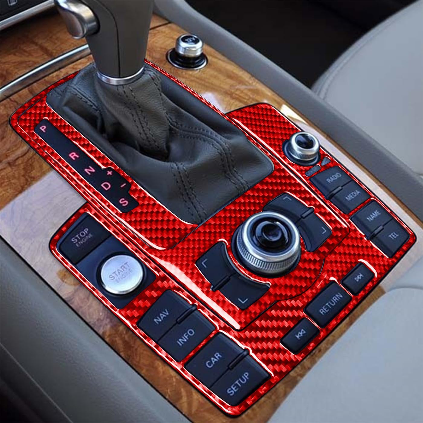 Q7 4L 2007-2015 Compatible with Car Interior Self Adhesive Dashboard Decal Carbon Fiber Red Sticker A51 (Gear Shift Kit Type B)
