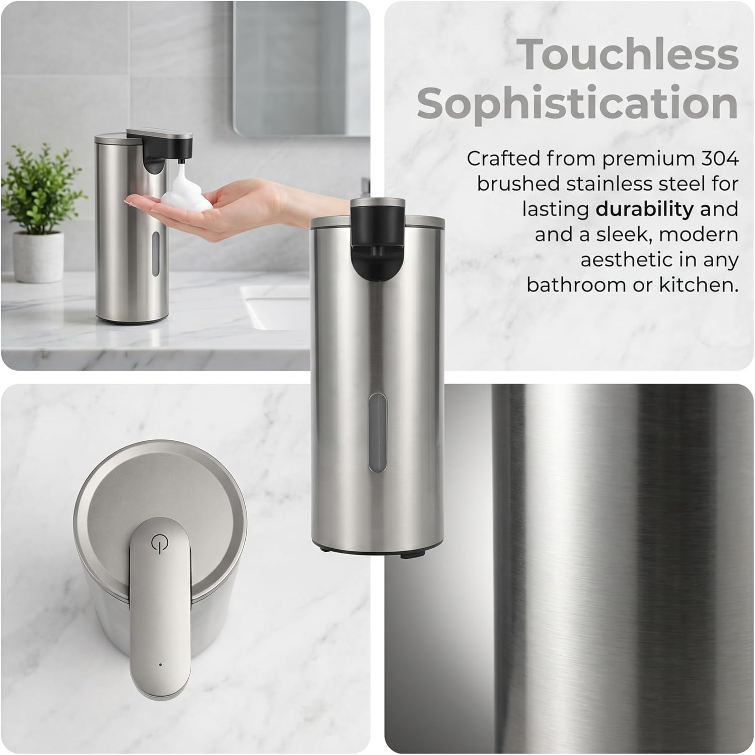 304 Stainless Steel Rustproof Touchless Automatic Soap Dispenser, 12oz/340ml, 3-Level Adjustable Liquid Output, Battery Operated, Water-Resistant, Clog-Free for Bathroom, Kitchen & School