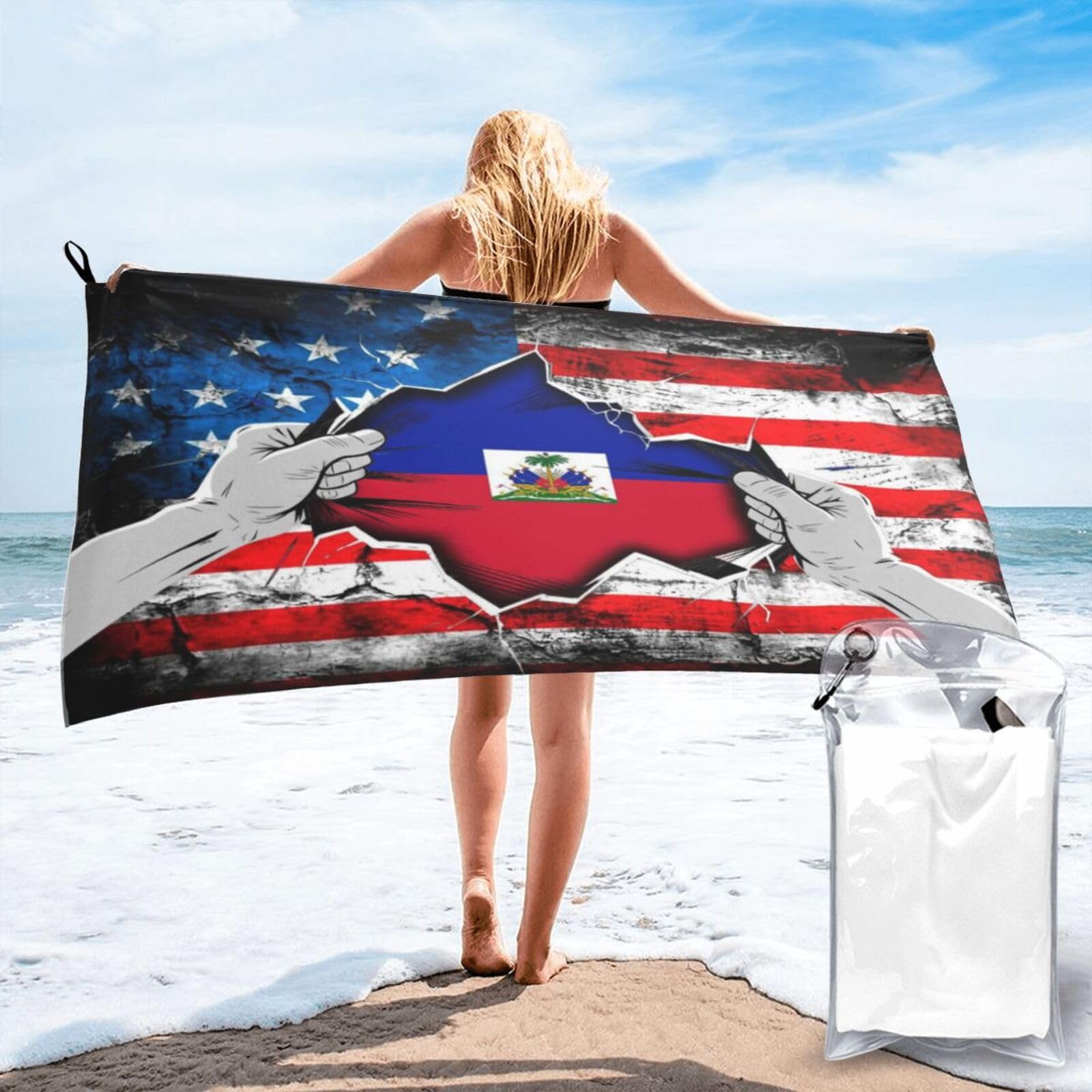HACXZ American and Haitian Flag Vintage Beach Towel Lightweight Absorbent Beach Towel Microfiber 31.5"X63"