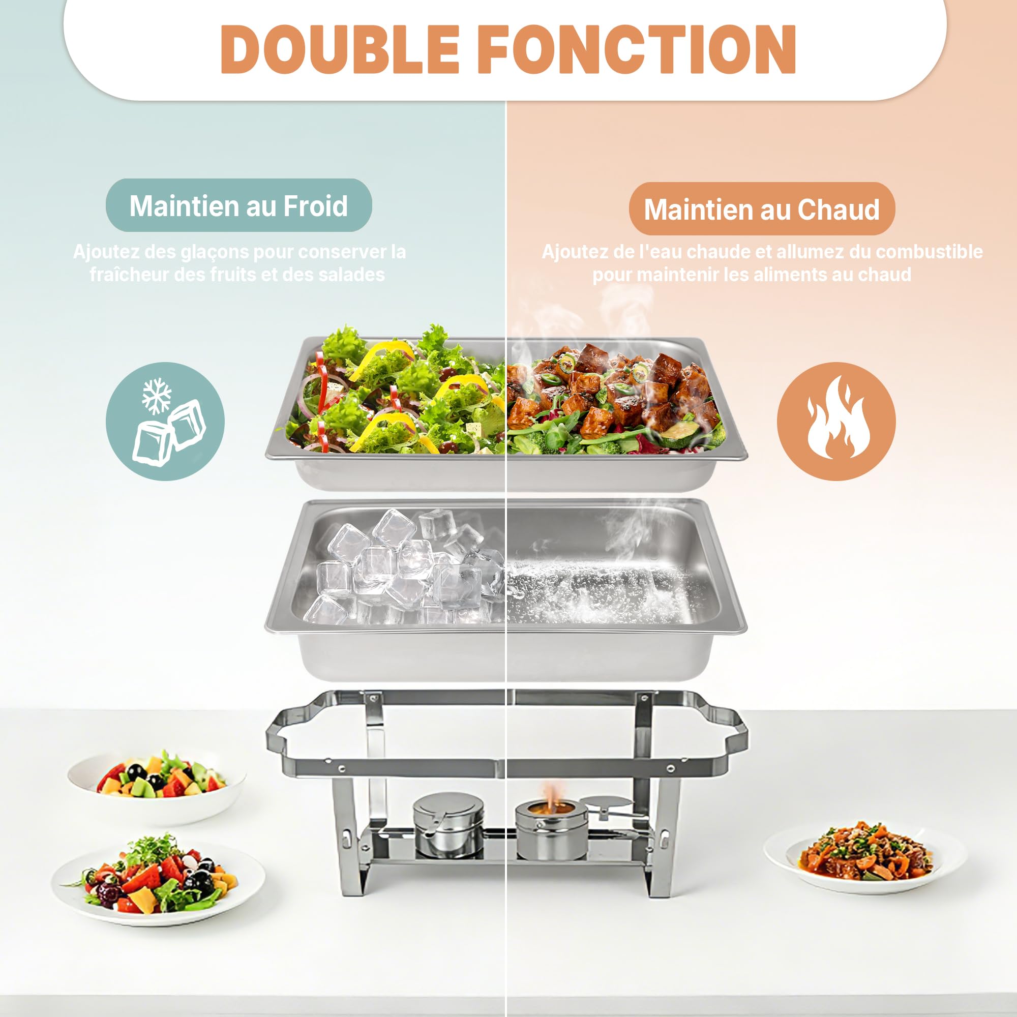 Hakka Lot de 4 Chafing Dish Rectangulaire Buffets Chauffants 9,5L chauffe-plats professionnel avec 4 bacs, chauffe-plats en acier inoxydable avec couvercle, réservoir à combustible, cadre pliable, pou