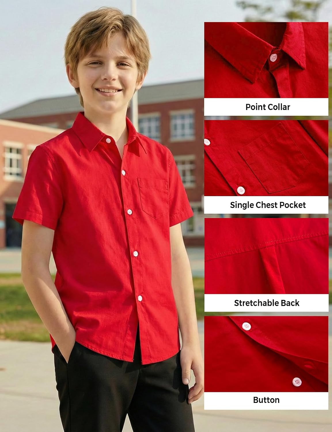 Spring&Gege Boys Cotton Dress Shirt Button Down Kids Short Sleeve Uniform Solid (2-14 Years) - Image 6