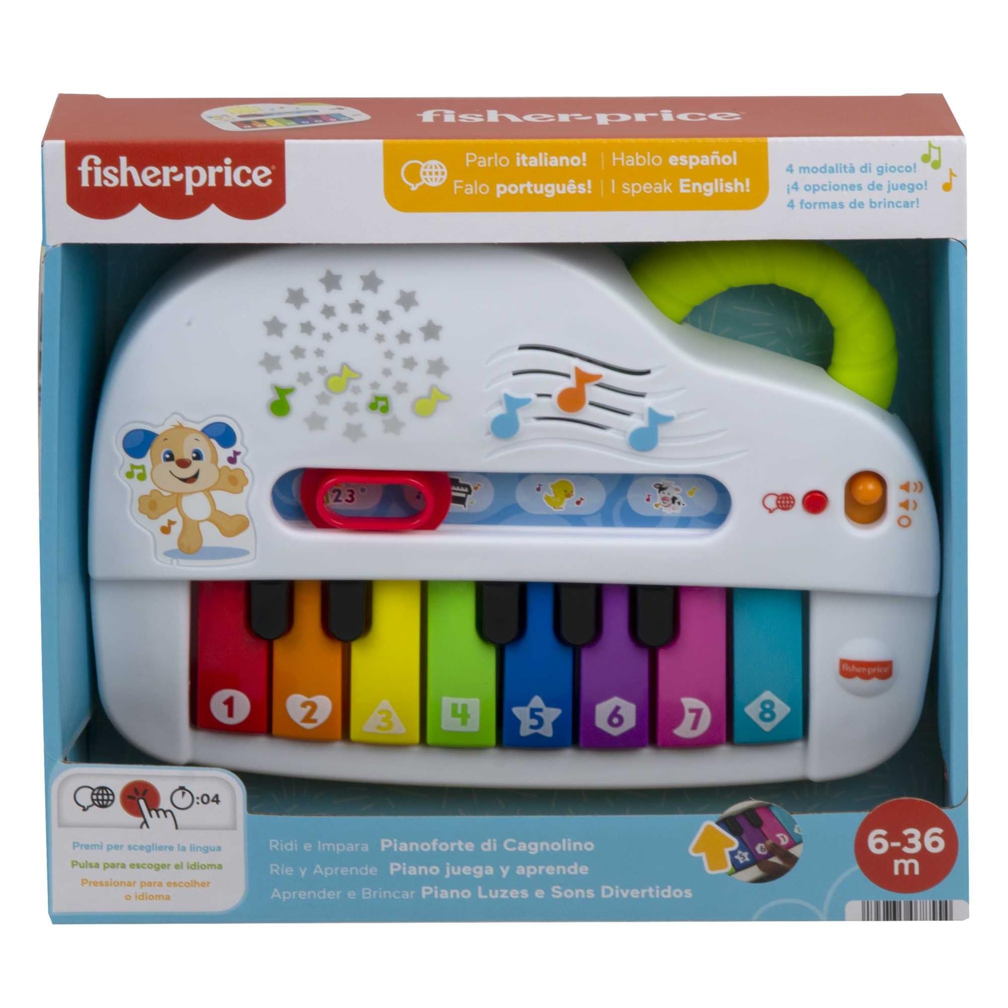 Fisher-Price Ríe y Aprende Piano Musical, Juguete con música y Sonidos para bebé +6 Meses, versión español + portugués + Italiano + inglés (HHX13)