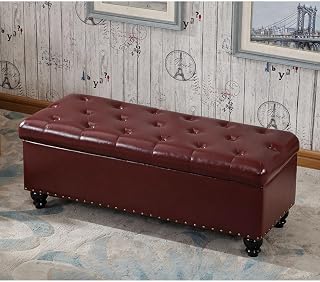 Leather Large Capacity Storage Ottoman Bench, Upholstered Bedroom End of Bed Bench for Entryway Seating, Living Room Footstool and Shoe Changing(Red,80x45x45cm)