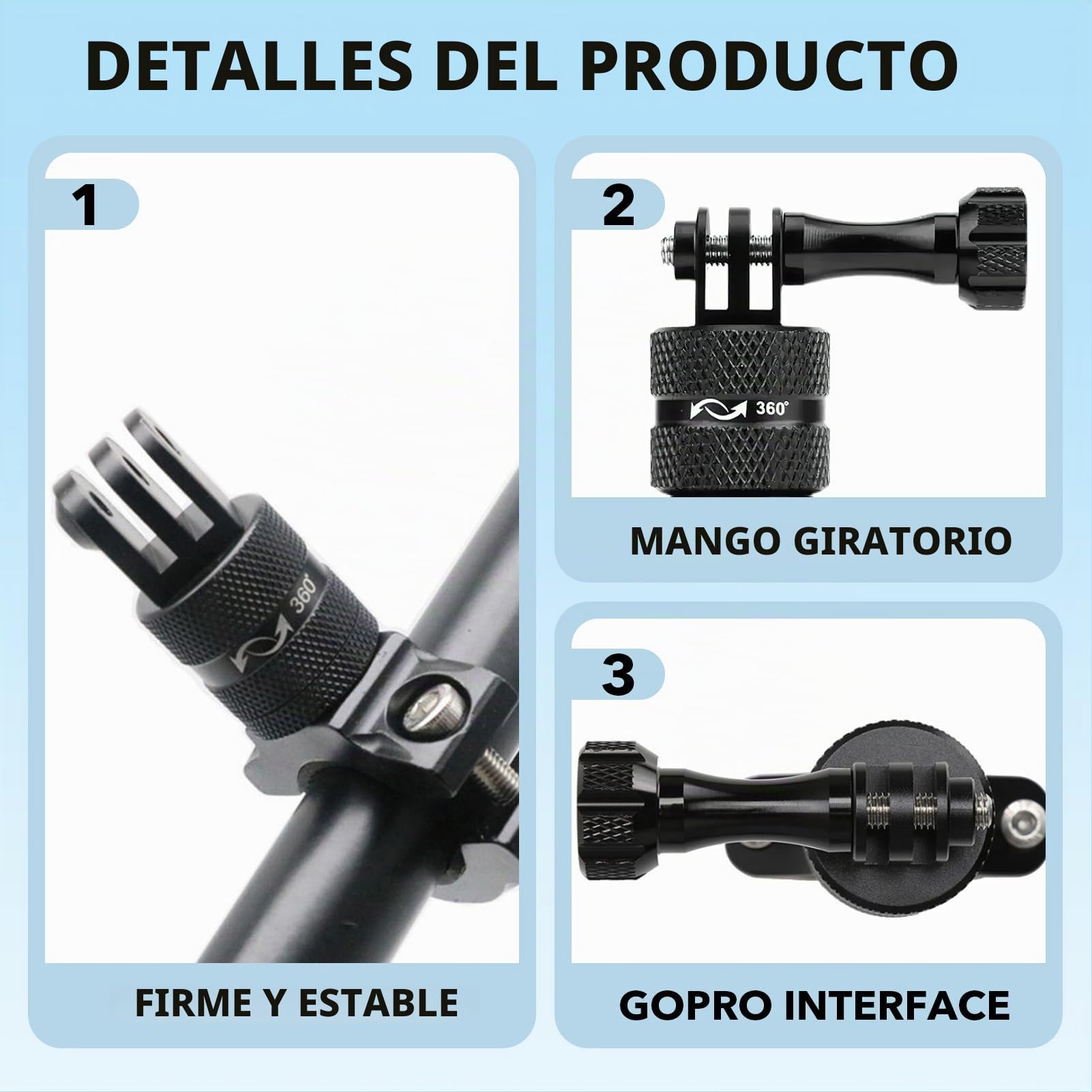 Soporte Universal de Manillar de Aluminio para Cámaras de Acción, Ajustable y Giratorio de 360°, Ideal para GoPro y Otras Cámaras - Perfecto para Bicicletas y Motos (Upgraded model Black)