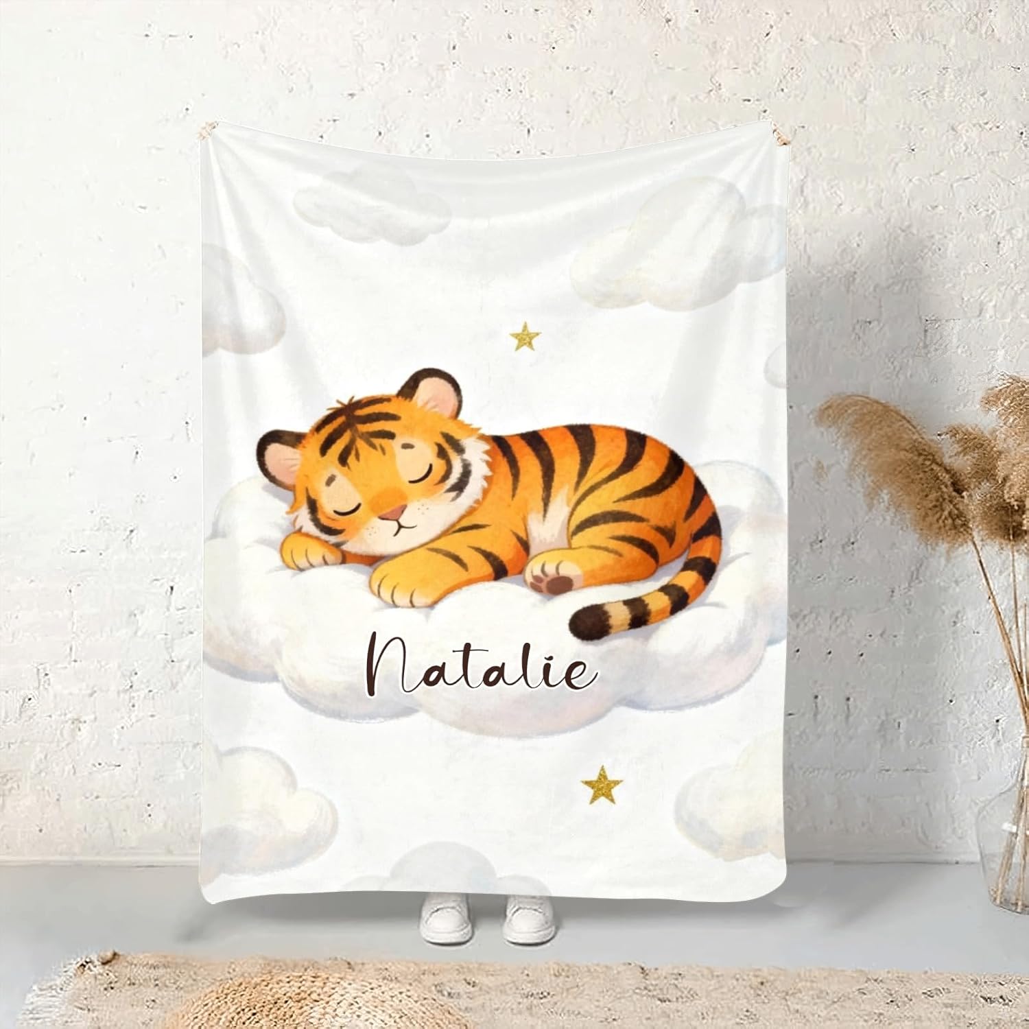 Little Tiger on Cloud Stars Personalized Baby Blanket for Girl Boy Soft Warm Newborn Throw Naps Swaddle Custom Blanket 30X40 in