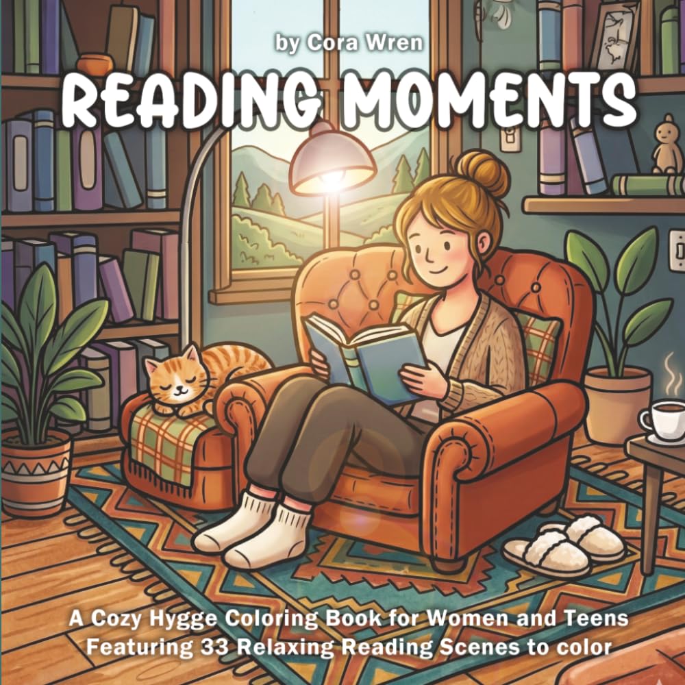 Reading Moments: A Cozy Hygge Coloring Book for Bookish Women and Teens Featuring 33 Relaxing Reading Scenes to color