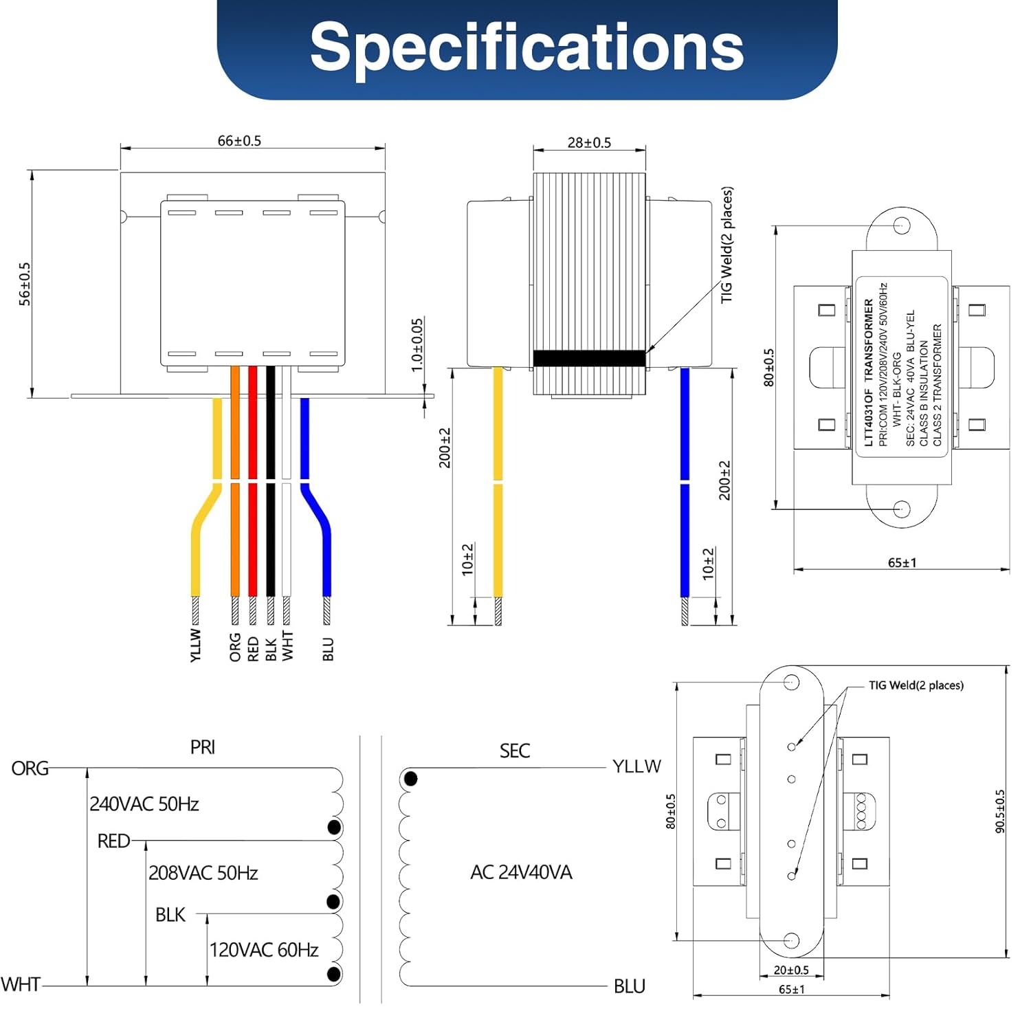 24V 40VA Control Transformer, 120V to 24V, HVAC Furnace Multi Tap with Foot Mount, 120V 50/60HZ