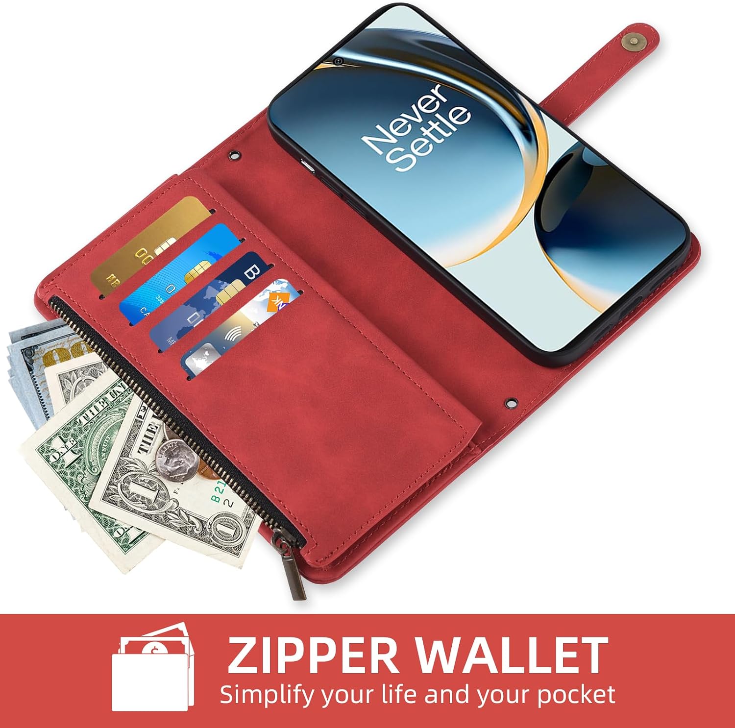 Phone Case for OnePlus Nord N30 5G / OnePlus Nord CE 3 Lite / OPPO K11x Wallet Cover With Screen Protector and Crossbody Wrist Strap Leather Flip Pattern Zipper Credit Card Holder Stand Cell CE3 Red