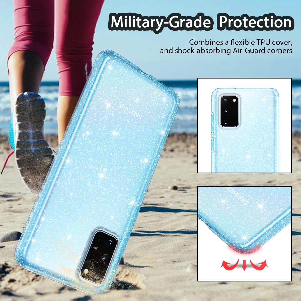 Lamcase for Galaxy S20 Case Crystal Clear Bling Sparkly Glitter Shiny Soft Flexible TPU Slim Fit Hybrid Drop Protection Rugged Shockproof Case Cover for Samsung Galaxy S20 6.2 2020, Blue/Clear Glitter