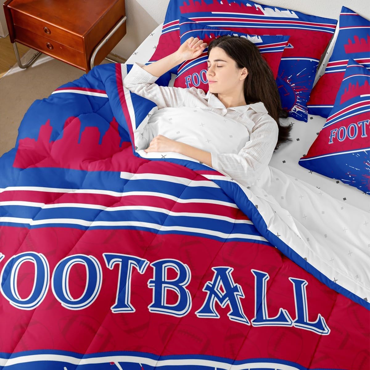 Feelyou Rugby Sports 7 Pieces Comforter Sets Queen Size Football Bedding Set for All Season Football City Bed in a Bag with Comforter, Sheets, Pillowcases & Cushion Cover