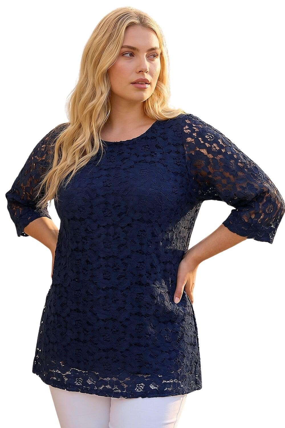 Roman Women's Navy Curve Lace Front Stretch Top In | : Size 18