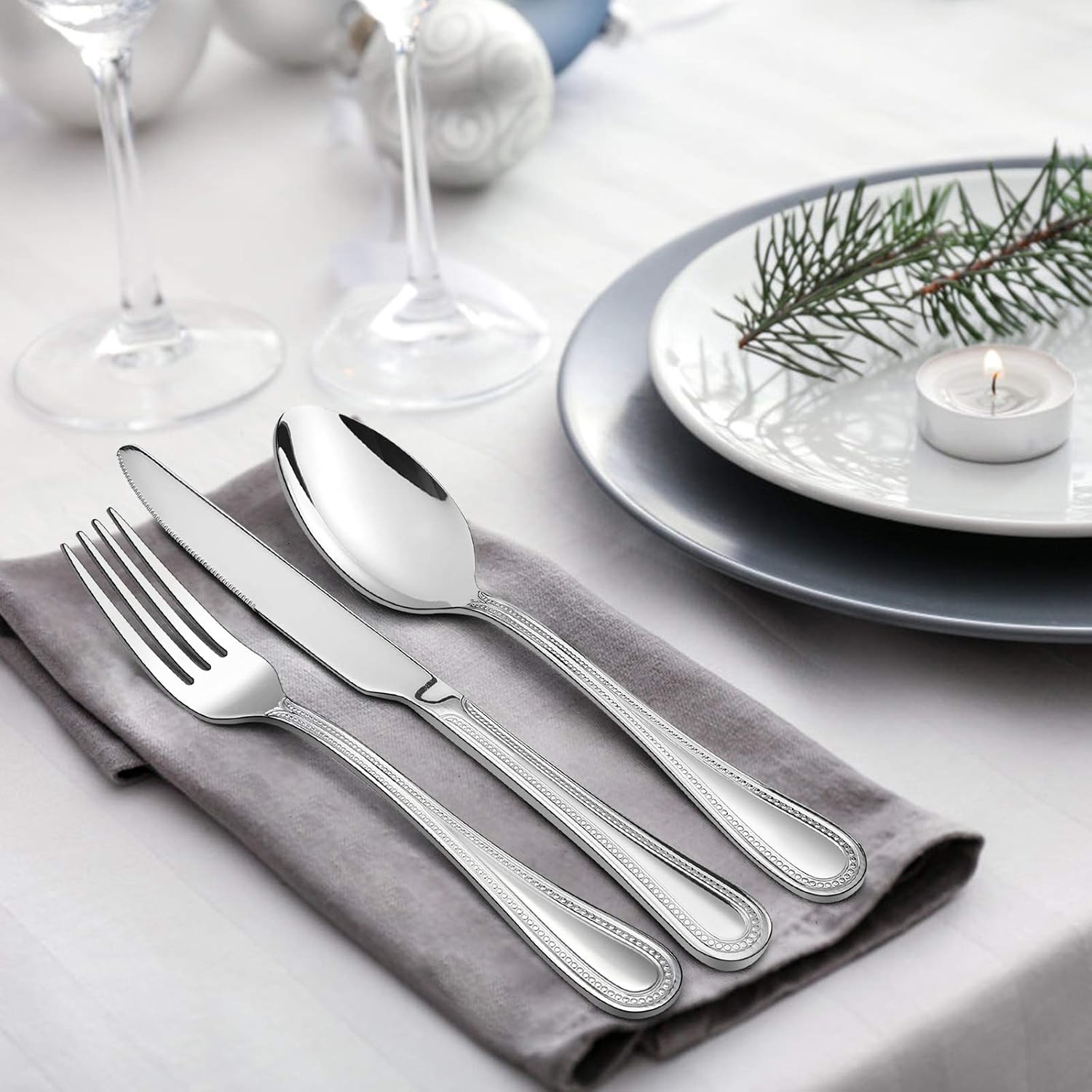 20-Piece Silverware Set with Drawer Organizer, HaWare Stainless Steel Flatware Service for 4, Modern Tableware Cutlery with Pearled Edge, Eating Utensil for Home, Mirror Polished, Dishwasher Safe