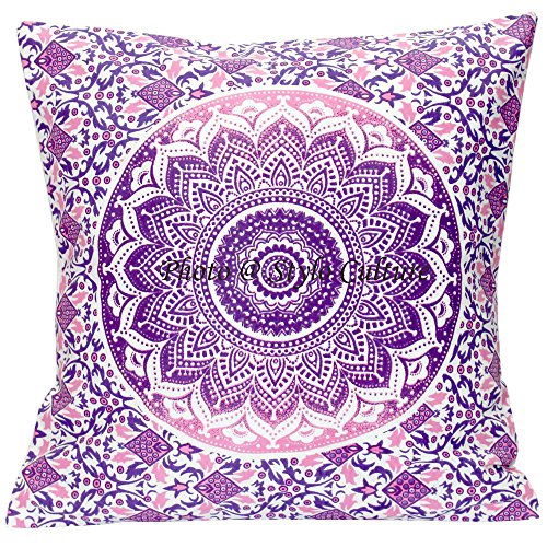 Stylo Culture Housses de Coussins Ethniques Coussin Violet Imprimé Floral Housse de Coussin 16x16 Coton Traditionnel 40 x 40cm Mandala Ombre Coussin Carré (1 Pc) Cover
