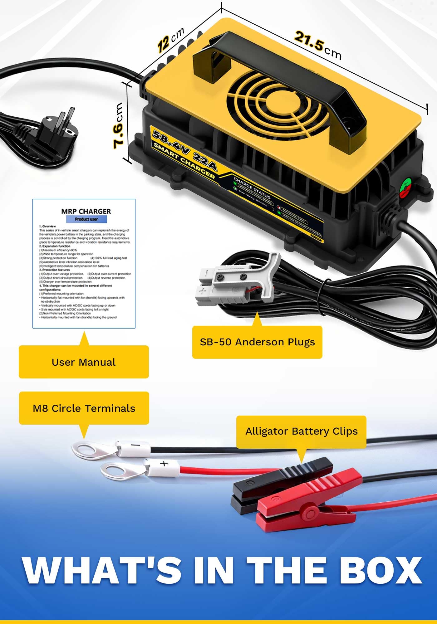 Caricabatterie Litio 58,4V 22A per Batterie LiFePO4 da 48V/51,2V, Impermeabile IP67 con Ventola di Raffreddamento, Adatto per Golf Cart, Barca, Camper, Solare