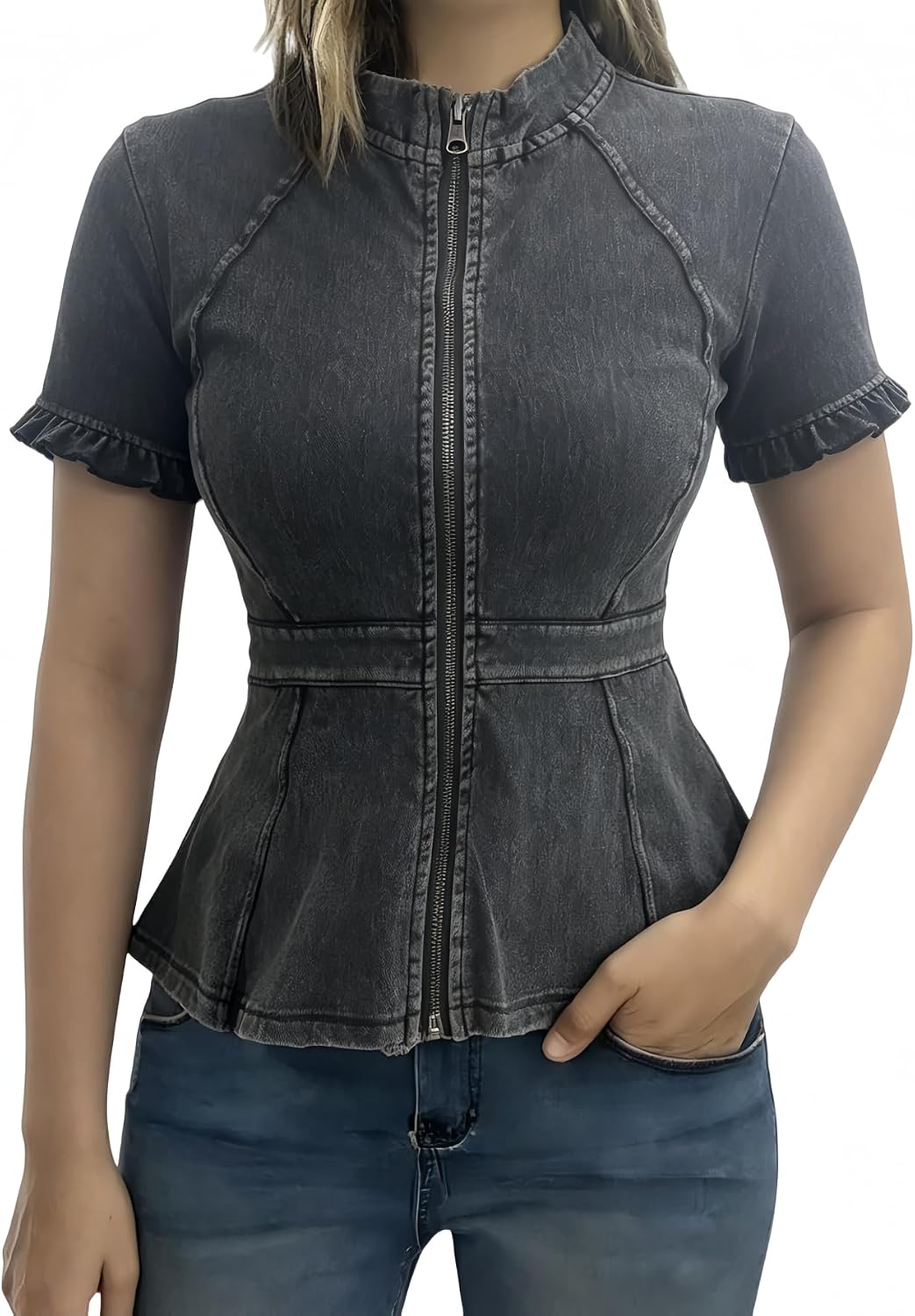 Ruffle Denim Jacket for Women Cap Sleeve Collar Peplum Zip Up Jean Jacket High Stretchy Workout Jackets