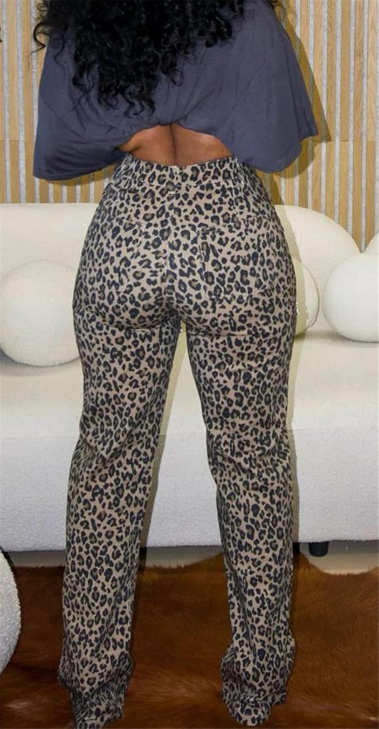 Womens Sexy High Waist Cut Off Leopard Printed Rhinestones Bodycon Party Clubwear Pants