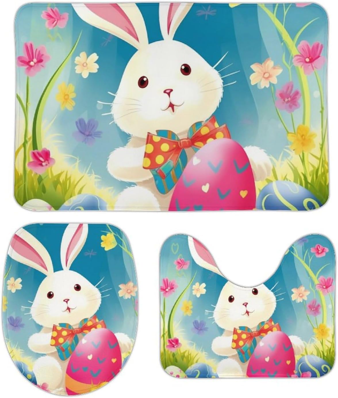 Anti-Skid Floor Mats 3 Piece Set,Spring Happy Easter Holiday Printed Coral Fleece Bathroom Mats U-Shaped Contour Mat Toilet Seat Cover for Bathroom, Tub, Shower, Kitchen 19.7"x31.5"