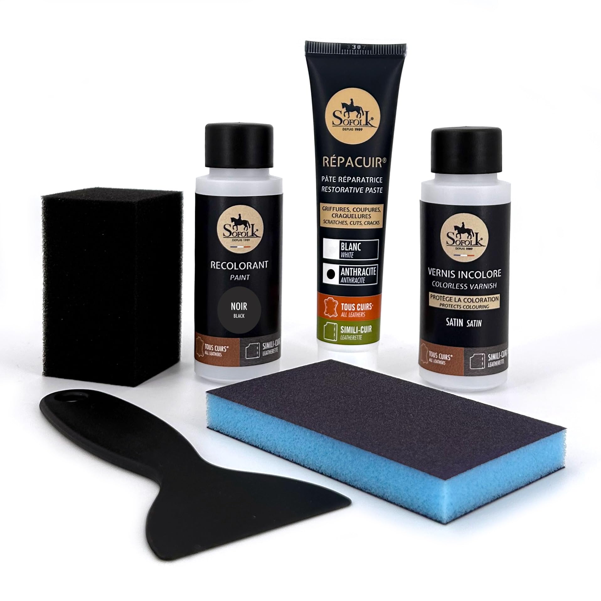 SOFOLK Kit di rinnovamento in pelle e similpelle: riparazione + pittura + vernice protettiva - volante, seggiolino auto, poltrona, scarpe (NERO 9005)
